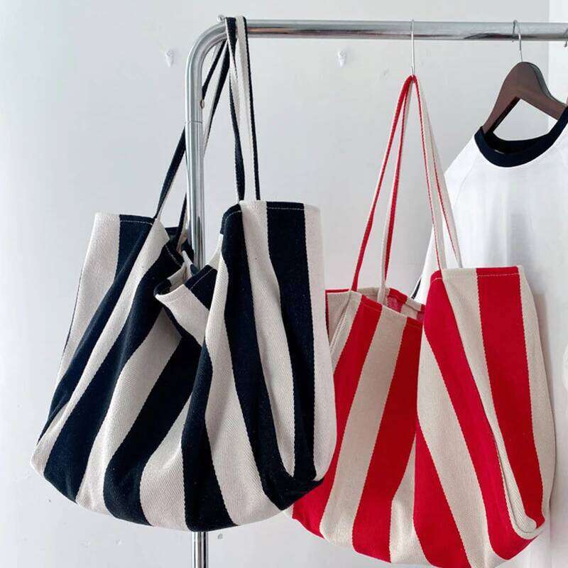 Large Capacity Canvas Top Handle Women's Summer Stripe Simple Ladies Casual Handbag Outdoor Shoulder Bag Z260224
