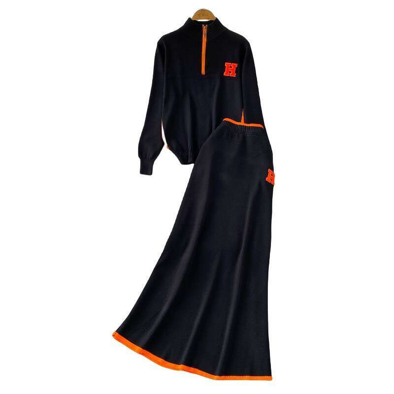 Autumn And Winter Slimming Outfit: Zippered Half-High Collar Long-Sleeve Knitted Sweatshirt + Contrasting Color High-Waisted Mid-Length Skirt Set