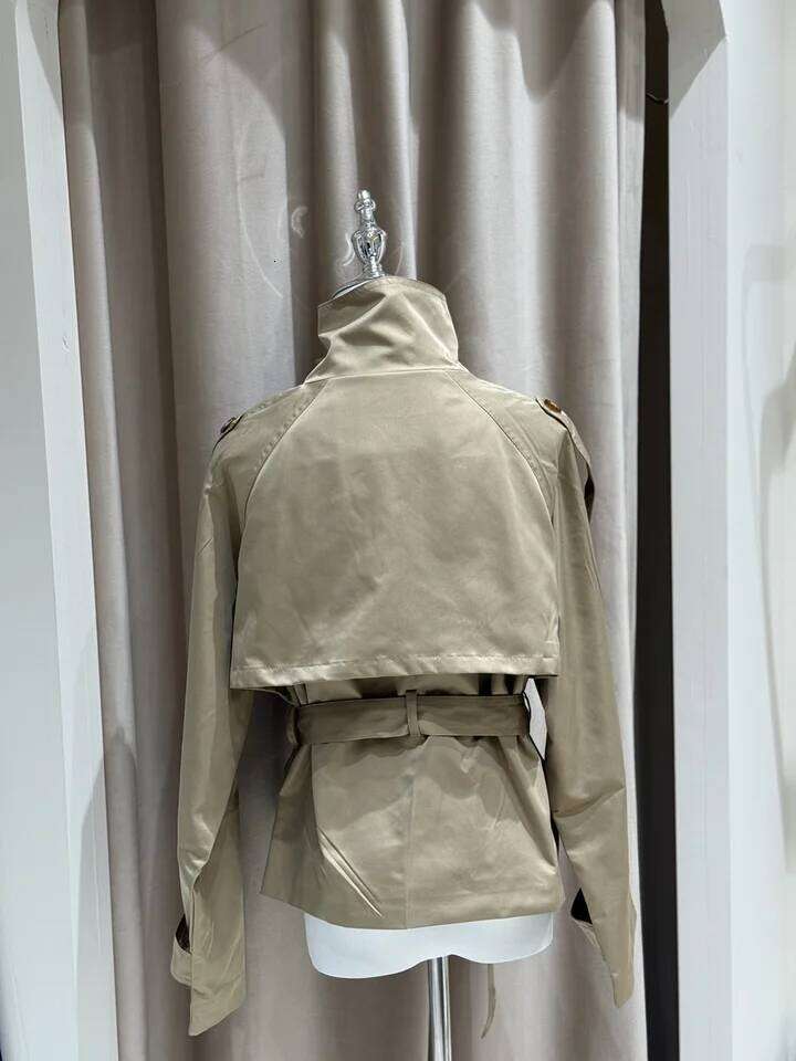 Mardi Hefxessdr Belted Waist Cropped Trench Jacets Double Breasted Stand Collar Coats Autumn Chic Casual Vintae Jacet Women Cloth