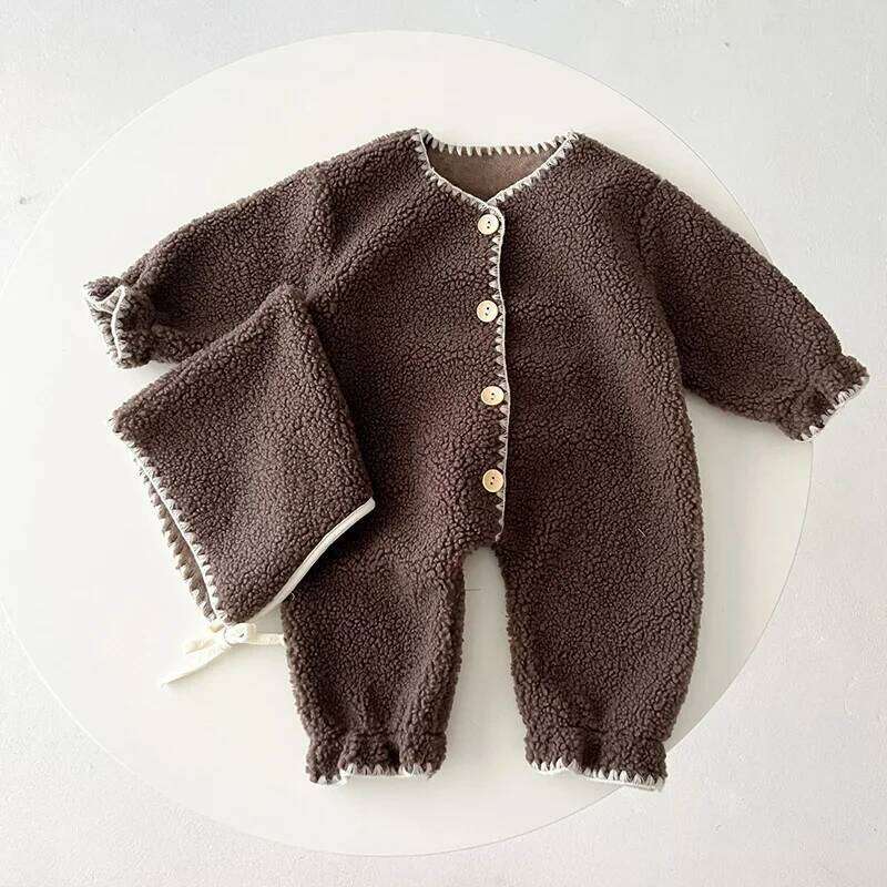 Winter Baby Romper Lamb Wool Jumpsuit Hat Set for Boys Girls Loose Toddler Infant Rompers Fashion Plush Kids Clothing 0-3 Years 26H0224