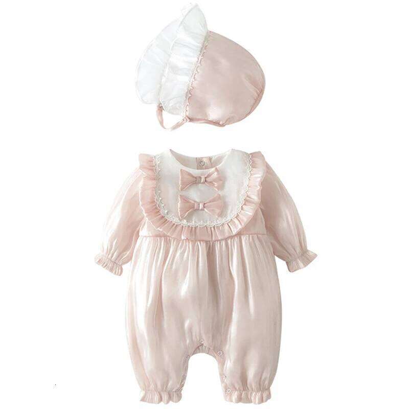 2Piece Sets Spring Autumn Newborn Girls Clothes Korean Cute Long Sleeve Mesh Cotton Bow Rompers Jumpsuits+Hat Baby Items BC318 26H0224