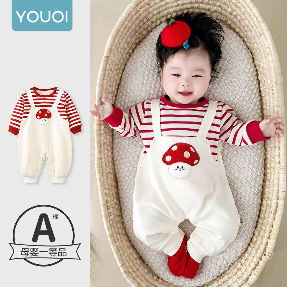 YouqiChinese Baby Clothes Autumn Style Long-Sleeve Romper Fake Two-Piece Suspender Jumpsuit Outdoor Wear Crawling Suit 26Y0224