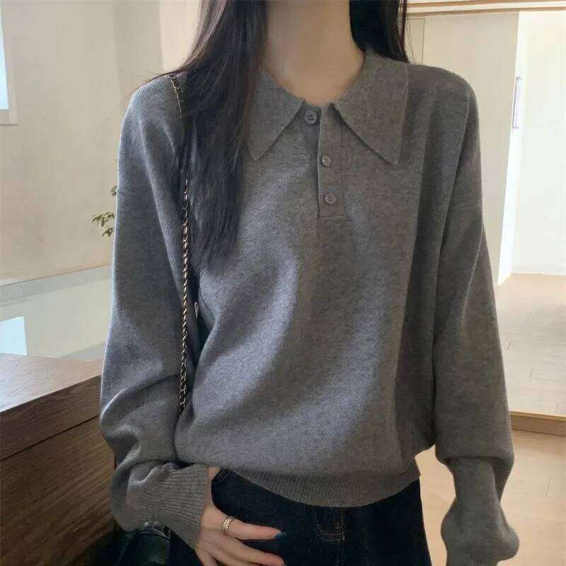 Retro Korean Polo Collar Women Autumn Winter Loose Top Pullover Sweater 26W0224