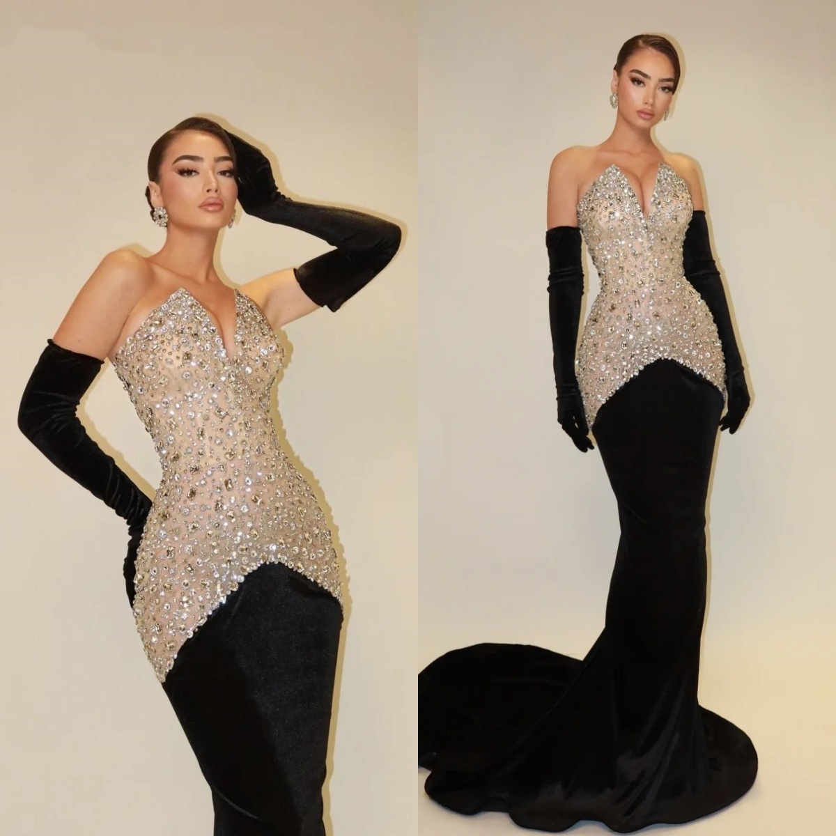 Fashion Evening Dresses Crystal Strapless Prom Dress Beaded Princess Sweep Train Illusion Sleeveless Customized Party Gowns Vestidos De Noche Plus Siz