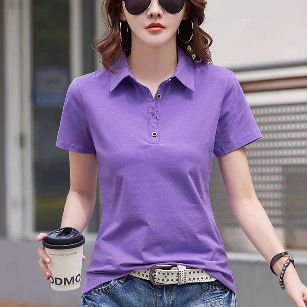 Korean version purple pure cotton lapel short sleeved t-shirt women's summer outfit new polo collar loose casual sports top 26W0224
