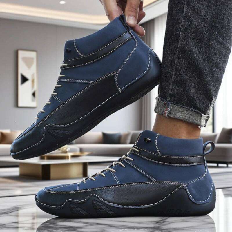 High Top Men's Leather Stylish Two Tone Design Ankle Casual Shoes 2025 Daily Eye Catching Fashionable Driving Sneakers