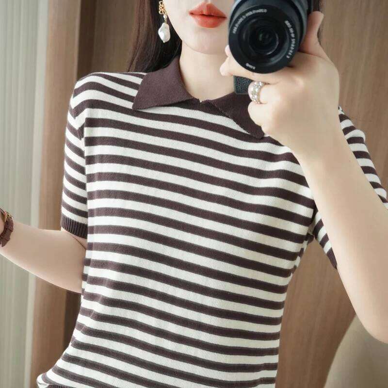 Summer 100% Cotton T-shirt Women's Knitted Short Sleeve Casual Stripe POLO Collar Tees Loose Blouse Basic Versatile Tops Jumper 26W0224