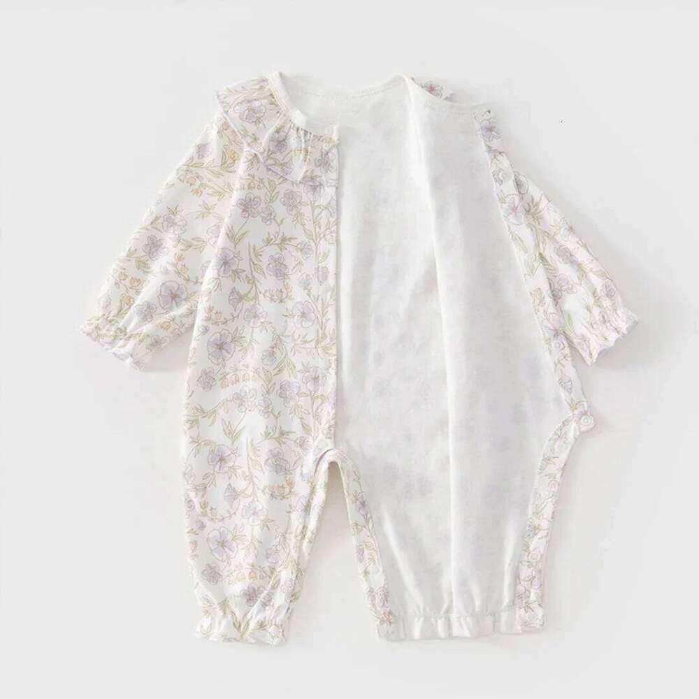 Spring Sleepwear Bodysuit 0-2Y Newborn Infant Girls Cotton Romper Baby Long Sleeve Ruffle Collar Floral Print One-Piece Jumpsuit 26H0224