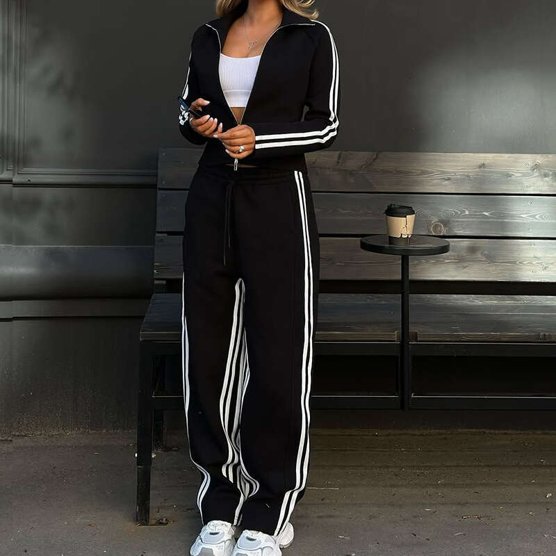 Side Striped Sports 2 Piece Sets Women Streetwear Outfits 2025 Autumn New Casual Long Sleeve Top and Pant Casual Tracksuit Suit black
