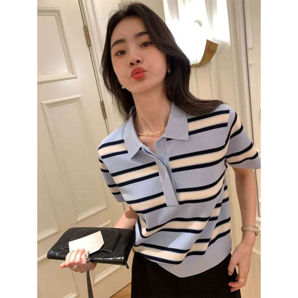 2025 Classic POLO collar Design Pure Lyocell Pullover Women's knitted Short sleeves Sweater High-quality Multi-color Stripes Top 26W0224