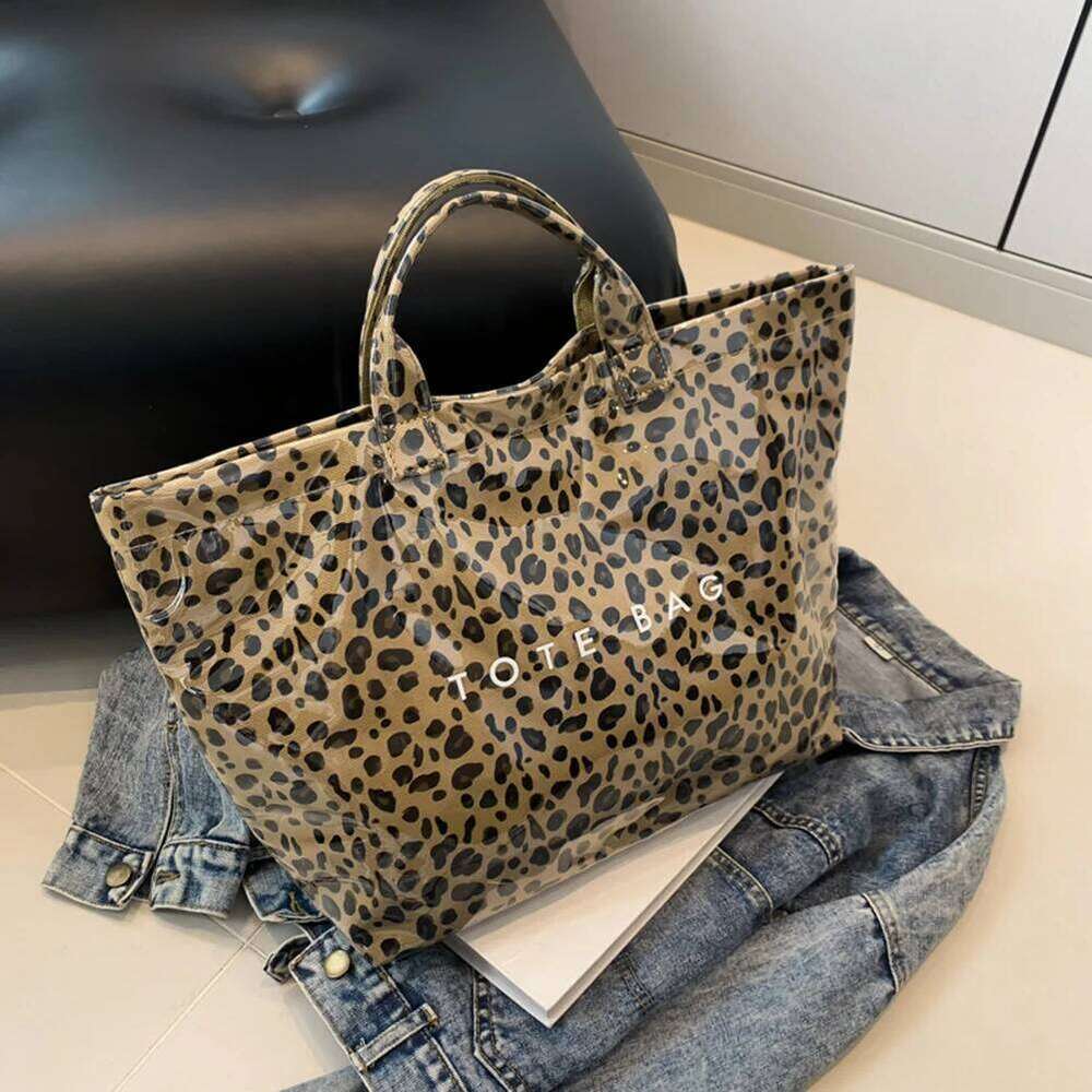PVC For Women's Letters Leopard Print Large Kraft Paper Tote Carry All Bag Top Handle Clear Handbag Z260224