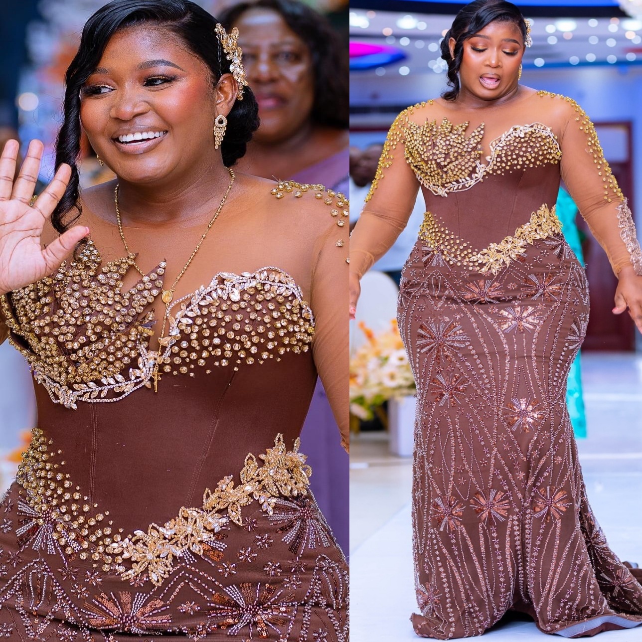 Aso Ebi Brown Mermaid Prom Dresses 2026 Illusion Crystals Sheer Neck Evening Formal Party Second Birthday Engagement Gowns Dress For Special Occa