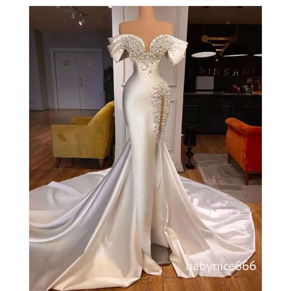 Sexy Mermaid Wedding Dresses Crystal Beads Pearls Off Shoulder Illusion Short Sleeves Bridal Gowns Chapel Train Satin Side Split Robe De Mariee Plus S