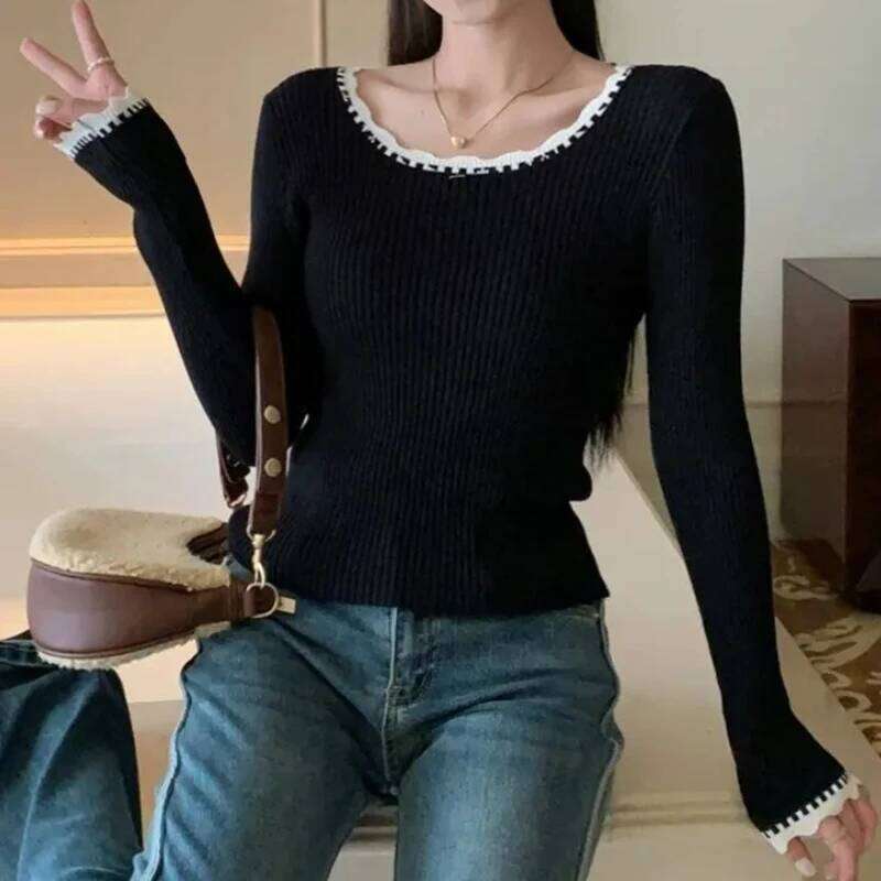 Women Rib Knit Pullover Sweater with Overlocked Trim Long Sleeve Slim-Fit Tops Jumper Spring Autumn Teen-girl Casual Knitwear 26L0224