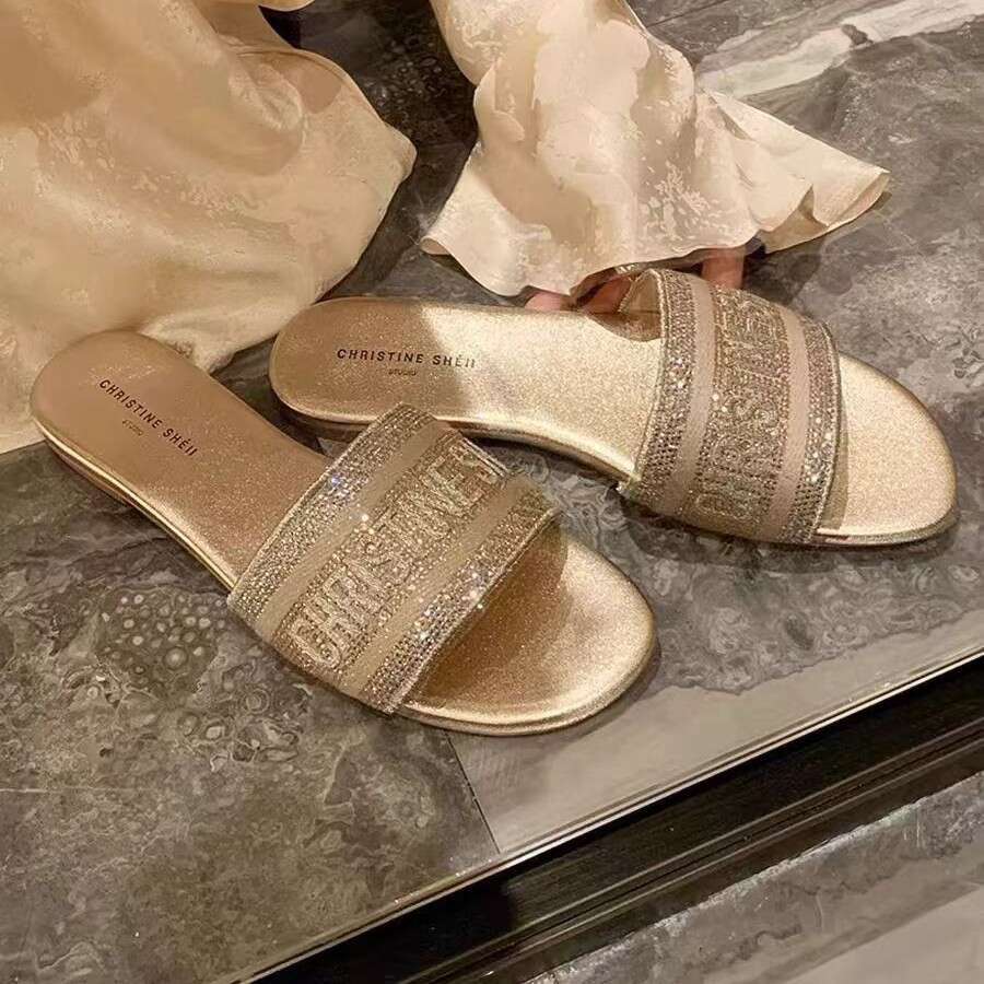 Full Diamond Version Letter Embroidery Hotfix Rhinestone Flat Sandals for Women Outdoor Summer New Beach Slippers