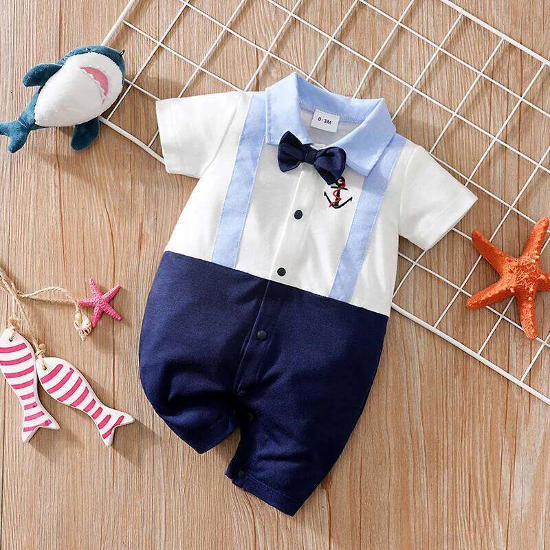 Newborn Clothes Party Gentleman Sea Anchor Embroidered Comfortable Soft Boy And Girl Summer Short Sleeved Baby Jumpsuit 26Y0224