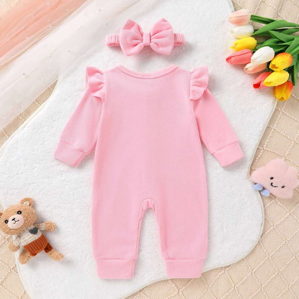 Newborn Baby Girl Autumn Soft Ruffle Long Sleeve Cute Bear Applique Ribbed Bodysuit And Headband Two Piece Set 26H0224