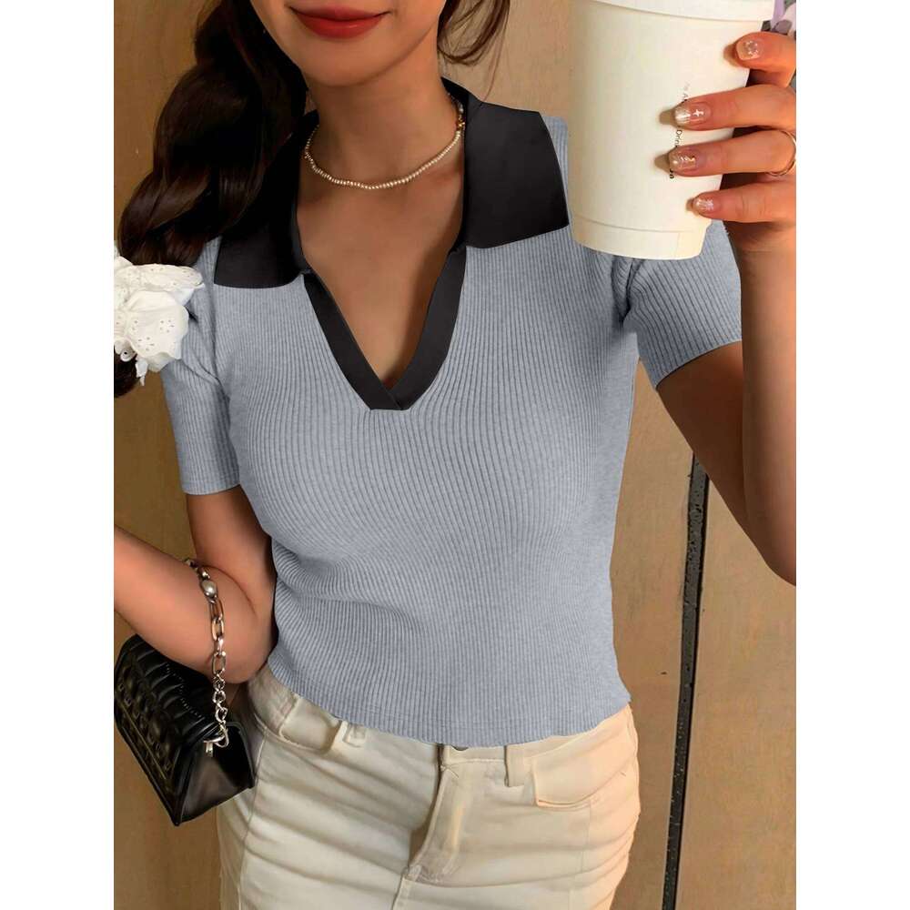 Summer V-neck Short Sleeve POLO Shirt Clash Color Ribbed New Fashion Casual Women's Tops Sweet Style 26W0224