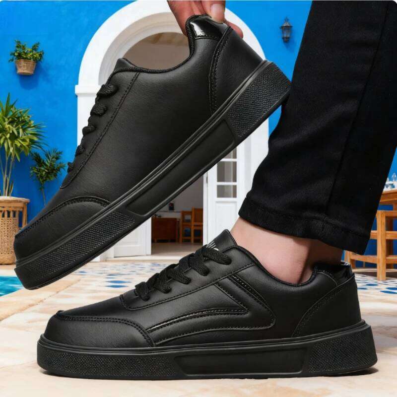 Men's All Black Classic Design Flat Daily Life Casual Lace-Up Shoes Fashion Comfortable Walking Sneakers