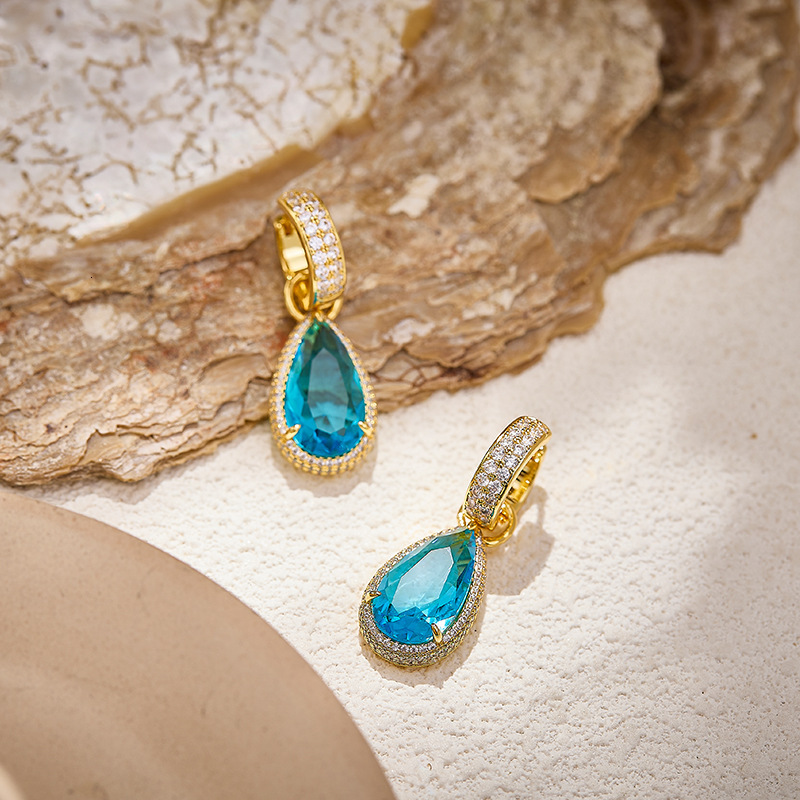 Earrings New Aquamarine Pear-Shaped Earrings With Gold-Plated Setting And Water Drop Main Diamond Earrings , Offering A Light Luxury Feel, Suitable Fo