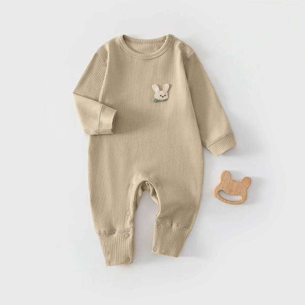0-2Y Infant Girl Boy Jumpsuit Ribbed Knit 2026 Newborn Romper Spring Cute Patch Easy Snap Closure Soft Baby Clothes 26H0224