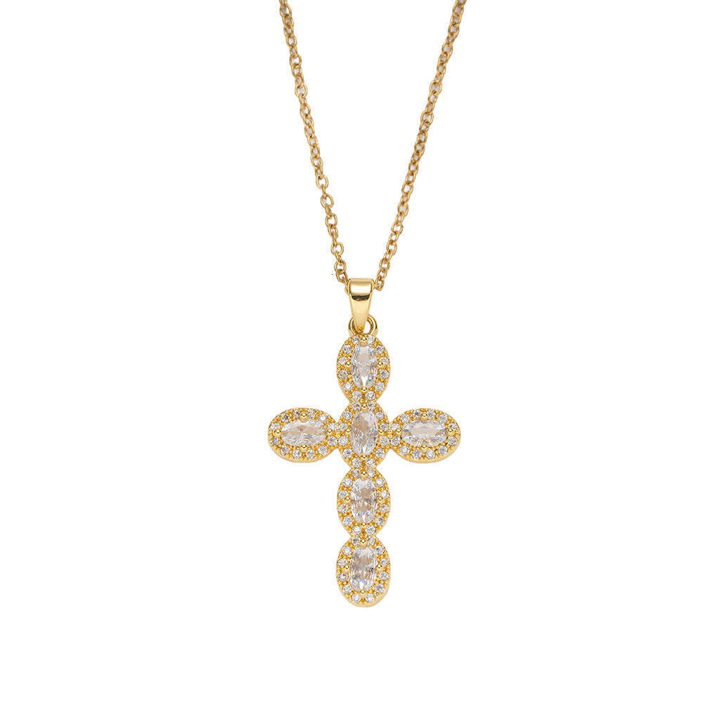 Full Diamond Cross Pendant Necklace Colorful Zircon Stainless Steel Collarbone Chain For Women