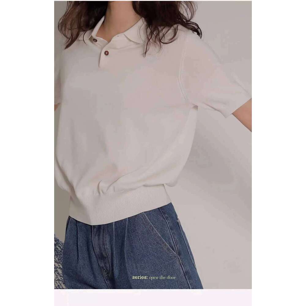 Women's Blue Ice Silk Knitted Polo Shirt Short Sleeve French Lapel Top Thin Summer High-Grade Shoulder T-Shirt 26W0224