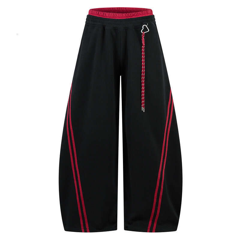 American retro striped color-blocked red interior double-layer curved casual with a stylish design, loose wide-leg sports pants for men and women