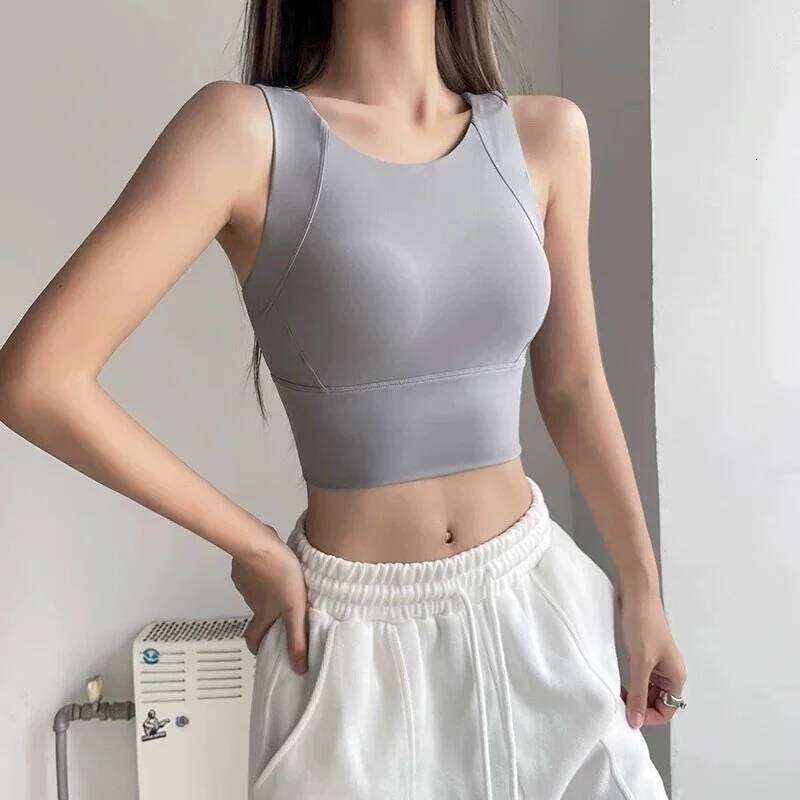 Women Solid Color Bra High Strength Shockproof Integrated Fixed Cup Breathable Outdoor Run Cycling Fitness Sports Vest 26Y0224