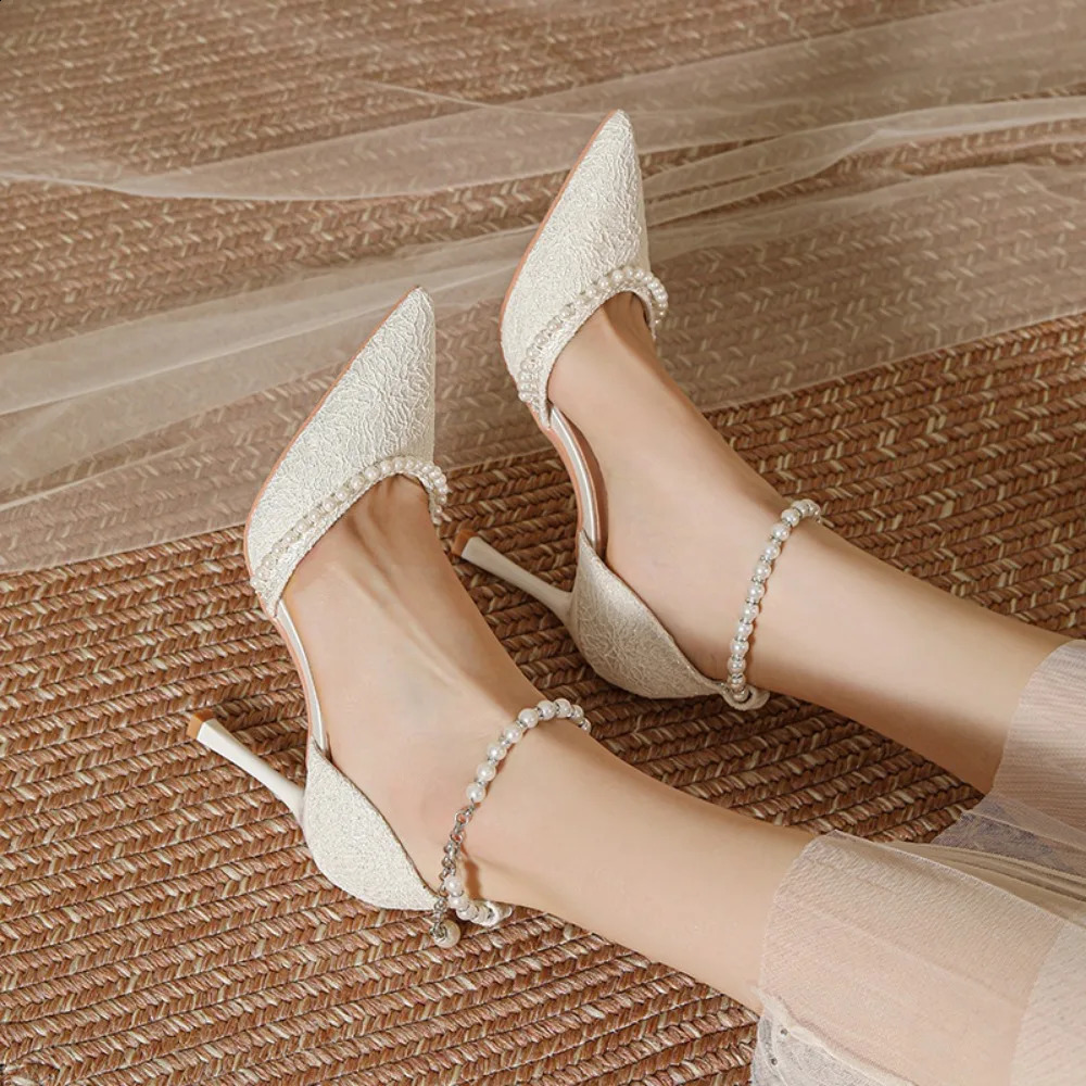 High Heeled Shoes Womens Sandals with A Thin Heel and Pointed Toe Straight Cut Lace Surface White Pearl Bridal Women 260208