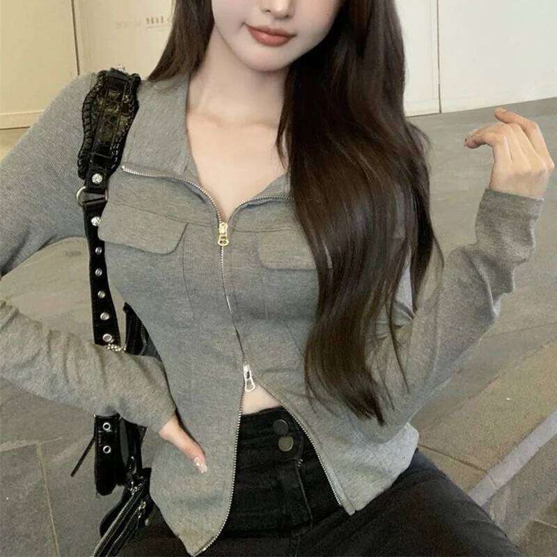 Women Classic Gray T-shirts Female Korean Polo Collar Short Tops Girls Zipper Designer Slim Fit Thin Clothes 26W0224