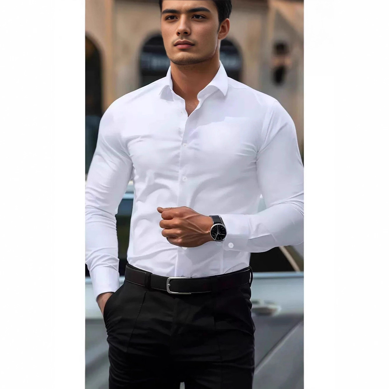 2026 European and American tough guy style tight-fitting shirt for men, slim fit, non-iron, long-sleeved cardigan, shiny, reflective, casual workwear 