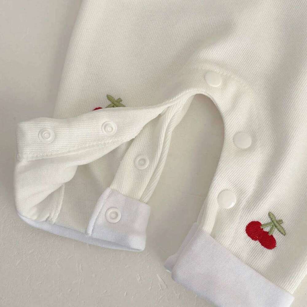 Spring Autumn Baby Girls Romper Soft Fabric Peter Pan Collar With Cherry Embroidery Newborn Infant Casual One-piece Clothing 26H0224