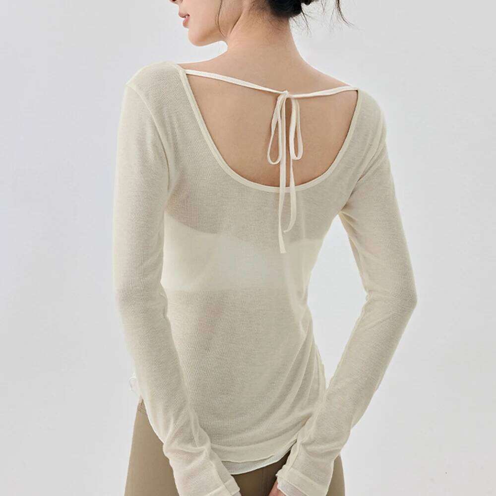 Women's Yoga Cover Up with Tie Design Long Sleeve Slim Fit Lightweight Shirt Sexy Revealing Gym Wear 26Y0224