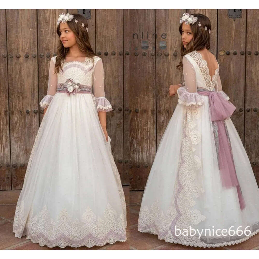 Romantic Lace Flower Girl Dresess Princess A Line Crew Neck Sheer Sleeves With Long Sash Backless Girls Formal Party Gowns Birthday Communion Wears BC