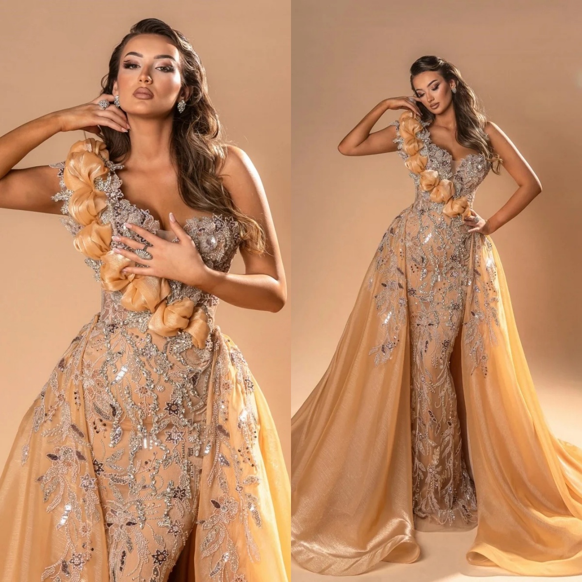 Exquisite Sequins Evening Dresses One Shoulder Prom Dress with Detachable Train Sleeveless Customized Party Gowns Vestidos De Noche Plus Size