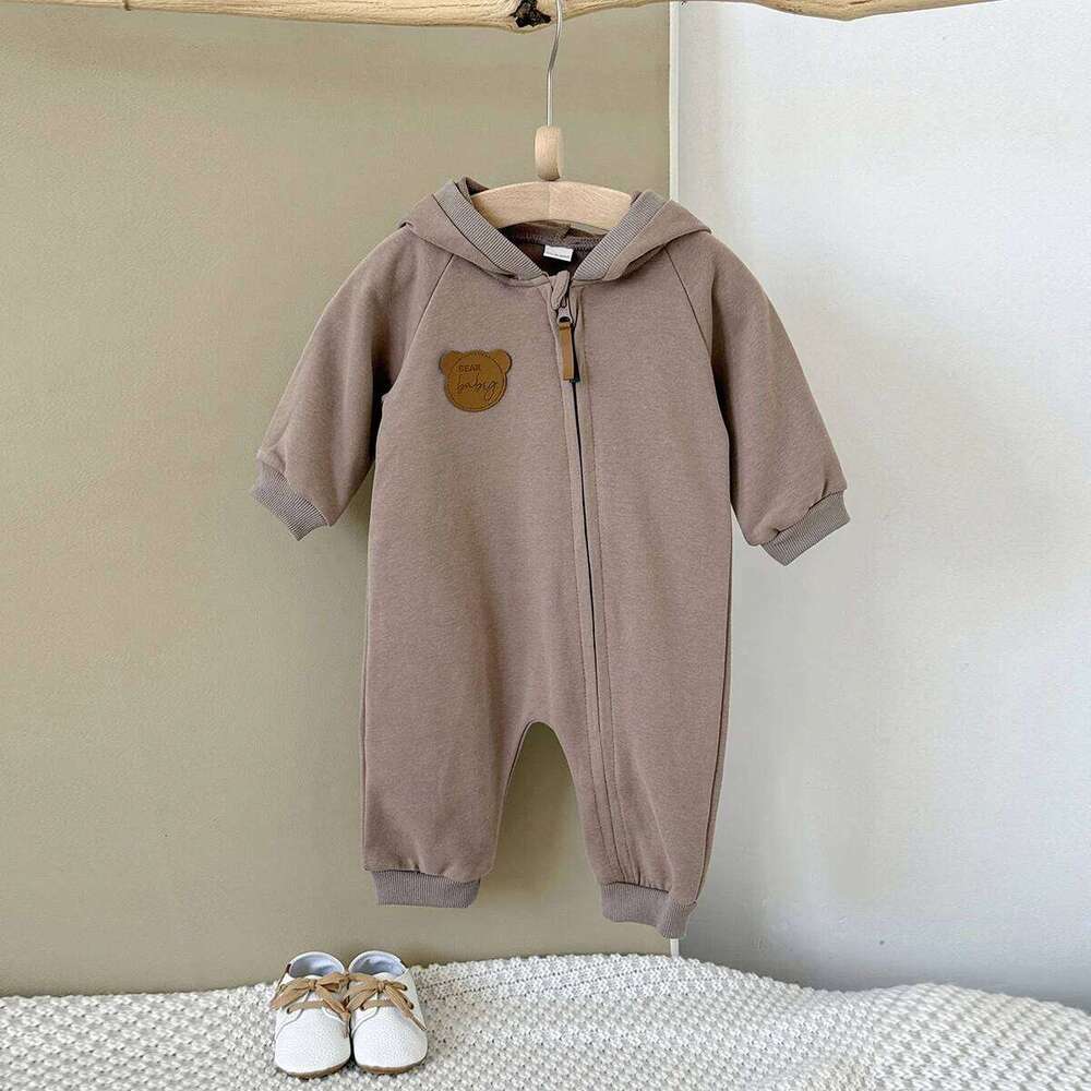 Korean Style Autumn Baby Boy Girl Clothes Hooded Cute Solid Color Zipper Jumpsuit Fashion Casual Comfortable Breathable Bodysuit 26Y0224