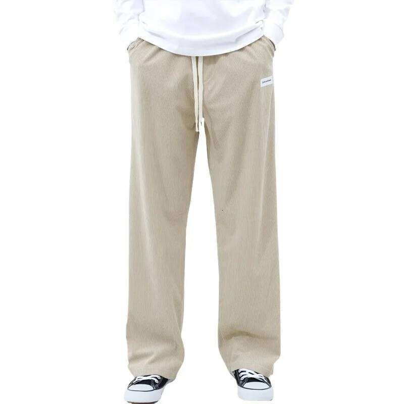 Men's Spring and Autumn Corduroy Beam Foot Casual Cargo Pants, Drawstring Elastic Waist Loose Tapered Pocket Outdoor Sweatpants