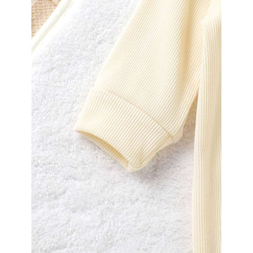 2PC Set Infant Girl Autumn Ruffle Long Sleeve Cute Bear Motif Ribbed Romper and Headband 26H0224