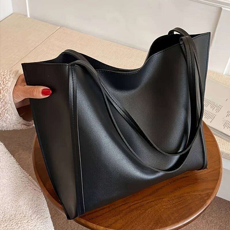 Women's Large Capacity Lightweight Tote Bag Elegant Black Synthetic Shoulder Bag, Spacious Work Travel Handbag for Everyday Use Z260224