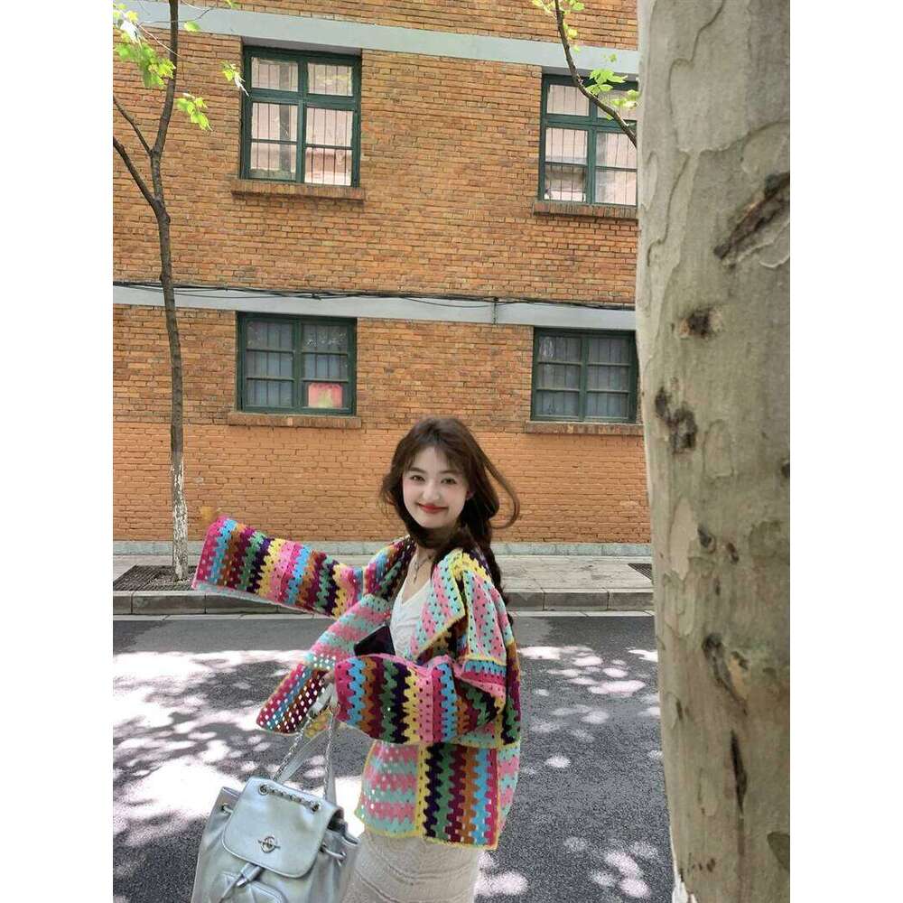 SALIENCY Colorful Crochet Knit Hollow Cardigan Sweater Jacket Women Spring Top Loose Short Knitwear 26L0224