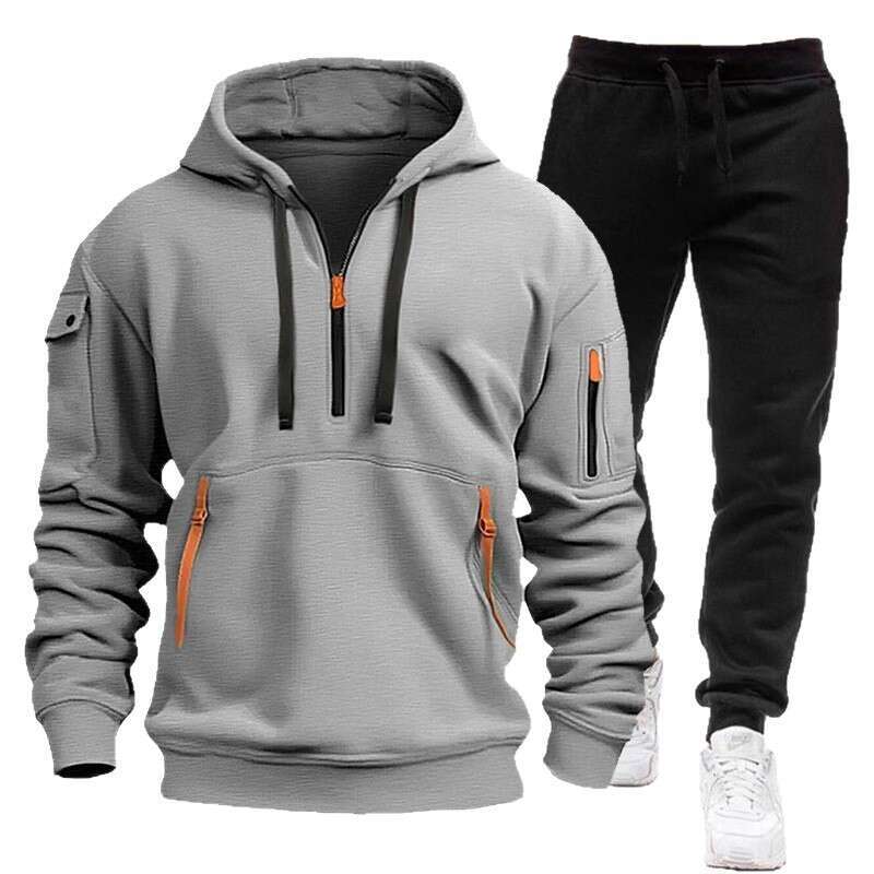 New Spring Autumn Men's Hoodie Set with Zipper Multiple Pockets, Pullover Sweatshirt for Sports and Casual Wear