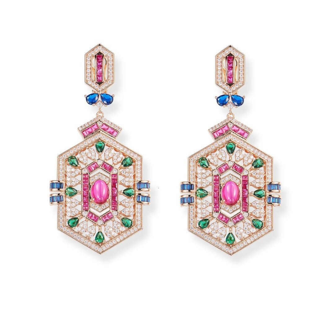 Earrings Trade Diamond-Shaped Square Earrings, Gold-Plated With Red Corundum Earrings, Luxurious And High-End Celebrity Style Earrings