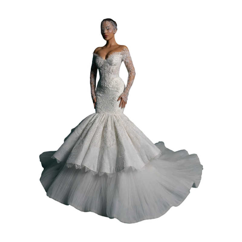 Exquisite Mermaid Wedding Dresses Off-Shoulder Long Sleeve Lace Appliques Beaded Bridal Gowns Tiered Skirts Customized Vestido De Novia