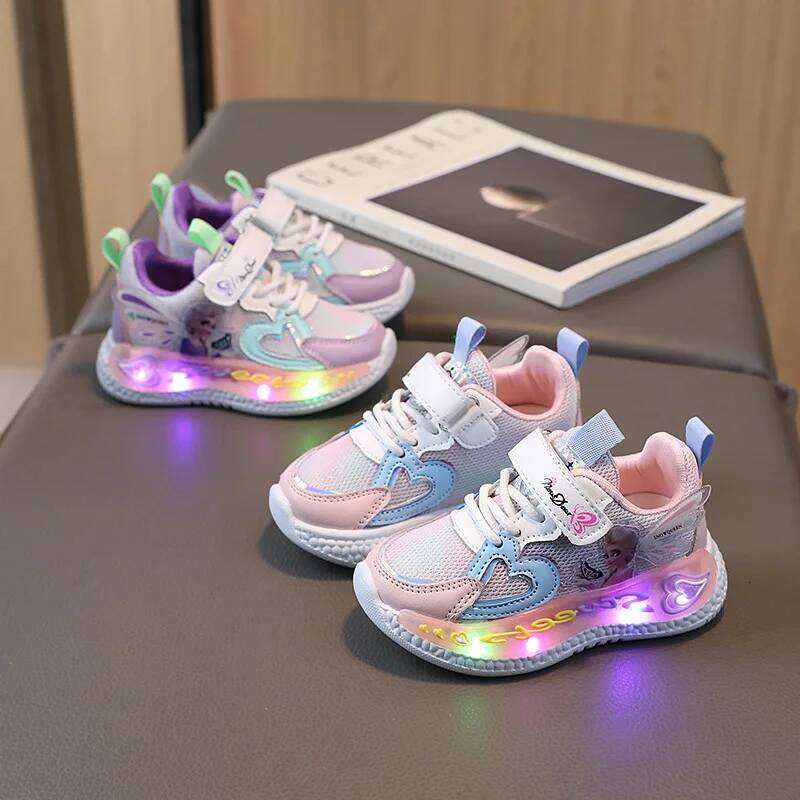 Kids Led Lights Children Sneakers Girls Elsa Frozen Princess Casual Sport Baby Anti-slip Shoes Size 22-31 26W0224