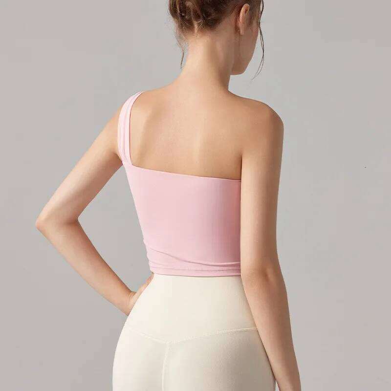 Sports Lingerie Women Summer One-shoulder Fixed Cup Yoga Suit Vest Outside Wearing Beautiful Pilates Training Fitness Bra 26Y0224