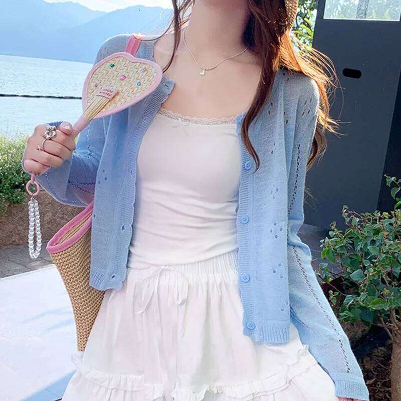 Grey Knitted Cardigan Thin Women Summer Hollow Out Long Sleeve Button Sun Protected Korean Style Short Knitwear Tops Female 26L0224