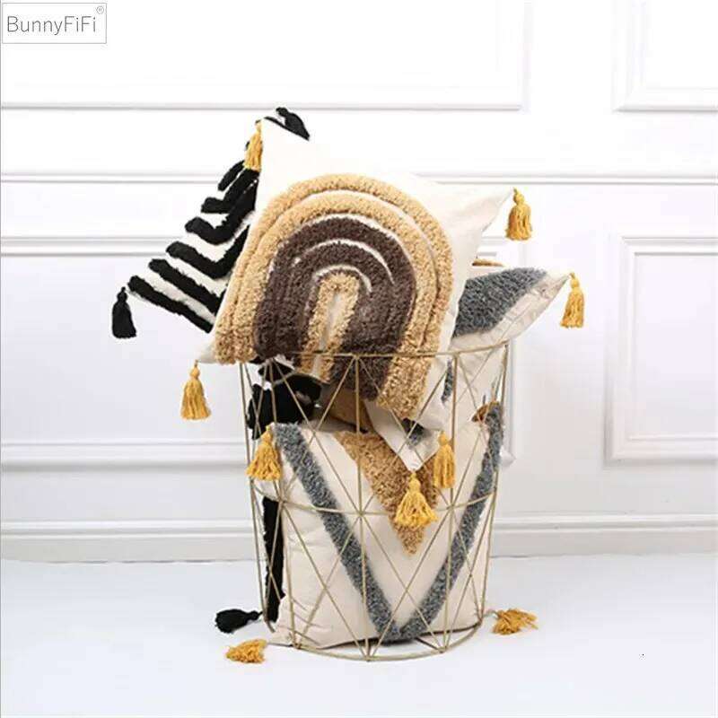 Embroidery Cushion Grey Khaki Tassels Home Decor Cover 45x45cm Geometric Decorative Sofa PillowCase Pillow Sham
