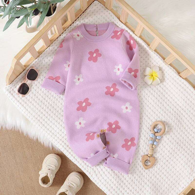 Purple Baby Girls Rompers Floral Knit Newborn Crew Neck Long Sleeve Jumpsuits Infant & Toddler Playsuits 0-18m Clothes 26H0224