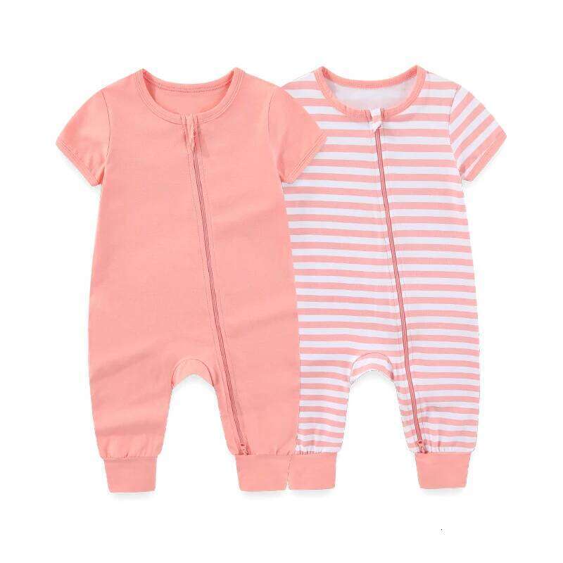 Kiddiezoom 2 Pcs/Lot Unisex Solid Short Sleeve Zipper Baby Boy Girl Romper Cotton Soft Newborn Jumpsuits Clothing 26Y0224